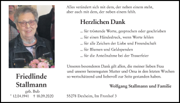 Traueranzeige von Friedlinde Stallmann von vrm-trauer
