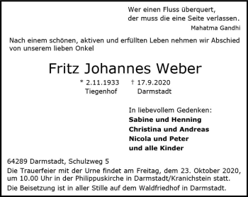 Traueranzeige von Fritz Johannes Weber von vrm-trauer