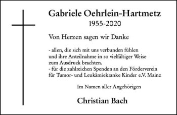 Traueranzeige von Gabriele Oehrlein-Hartmetz von vrm-trauer
