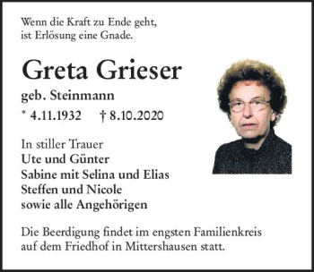 Traueranzeige von Greta Grieser von vrm-trauer