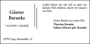 Traueranzeige von Günter Baranke von vrm-trauer