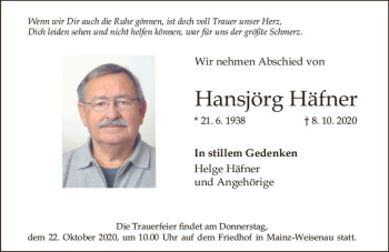 Traueranzeige von Hansjörg Häfner von vrm-trauer