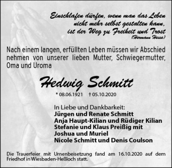 Traueranzeige von Hedwig Schmitt von vrm-trauer