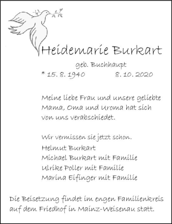 Traueranzeige von Heidemarie Burkart von vrm-trauer