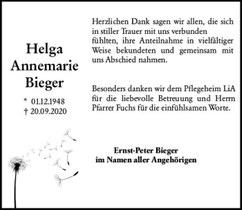 Traueranzeige von Helga Annemarie Bieger von vrm-trauer