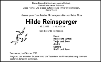 Traueranzeige von Hilde Reinsperger von vrm-trauer
