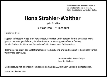 Traueranzeige von Ilona Strahler-Walther von vrm-trauer