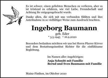 Traueranzeige von Ingeborg Baumann von vrm-trauer