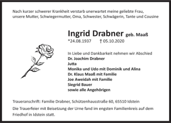 Traueranzeige von Ingrid Drabner von vrm-trauer