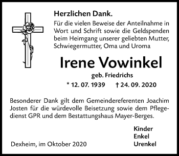 Traueranzeige von Irene Vowinkel von vrm-trauer