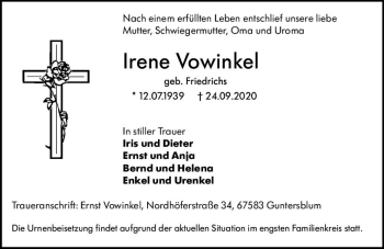 Traueranzeige von Irene Vowinkel von vrm-trauer