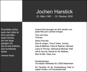 Traueranzeige von Jochen Harstick von vrm-trauer