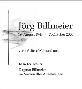 Traueranzeige von Jörg Billmeier von vrm-trauer
