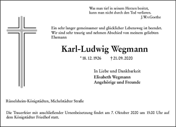 Traueranzeige von Karl-Ludwig Wegmann von vrm-trauer