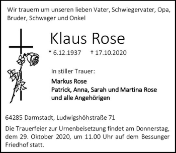 Traueranzeige von Klaus Rose von vrm-trauer