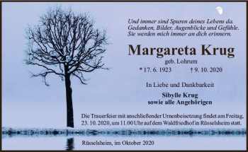 Traueranzeige von Margareta Krug von vrm-trauer