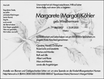Traueranzeige von Margarete Köhler von vrm-trauer