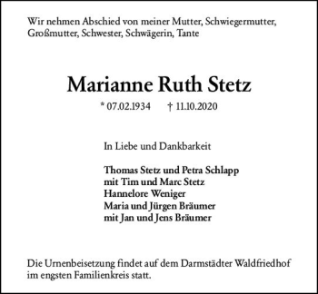 Traueranzeige von Marianne Ruth Stetz von vrm-trauer