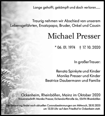Traueranzeige von Michael Presser von vrm-trauer