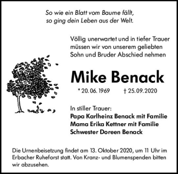 Traueranzeige von Mike Benack von vrm-trauer