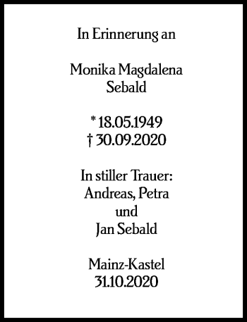 Traueranzeige von Monika Magdalena Sebald von vrm-trauer