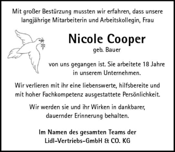 Traueranzeige von Nicole Cooper von vrm-trauer