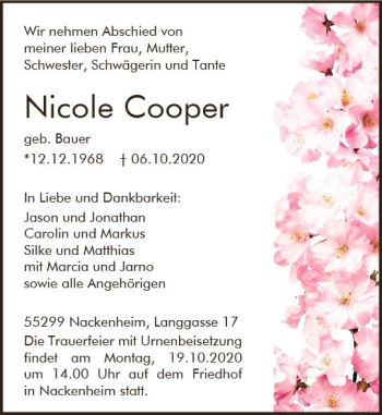 Traueranzeige von Nicole Cooper von vrm-trauer