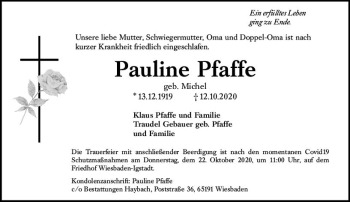 Traueranzeige von Pauline Pfaffe von vrm-trauer