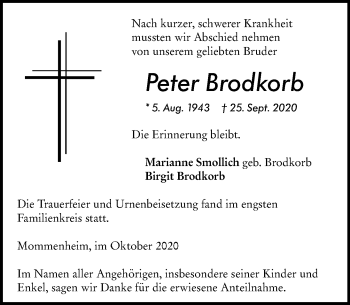 Traueranzeige von Peter Brodkorb von vrm-trauer