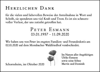 Traueranzeige von Peter Esmann von vrm-trauer