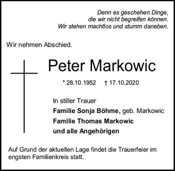 Traueranzeige von Peter Markowic von vrm-trauer