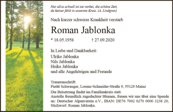 Traueranzeige von Roman Jablonka von vrm-trauer