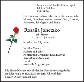 Traueranzeige von Rosalia Jonetzko von vrm-trauer
