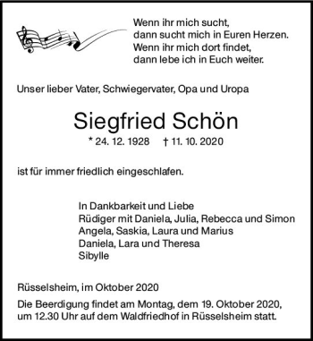 Traueranzeige von Siegfried Schön von vrm-trauer