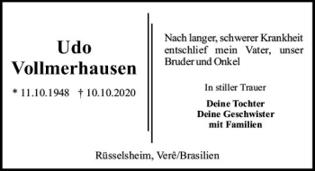 Traueranzeige von Udo Vollmerhausen von vrm-trauer