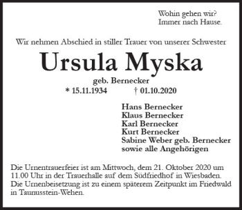 Traueranzeige von Ursula Myska von vrm-trauer