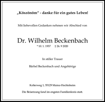 Traueranzeige von Wilhelm Beckenbach von vrm-trauer