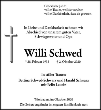 Traueranzeige von Willi Schwed von vrm-trauer
