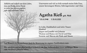 Traueranzeige von Agatha Rieß von vrm-trauer Traueranzeige von Agatha Rieß von vrm-trauer