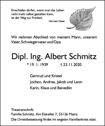 Traueranzeige von Albert Schmitz von vrm-trauer