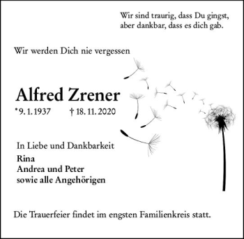 Traueranzeige von Alfred Zrener von vrm-trauer