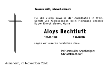 Traueranzeige von Aloys Bechtluft von vrm-trauer