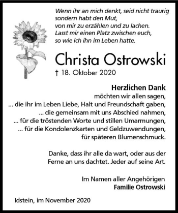 Traueranzeige von Christa Ostrowski von vrm-trauer