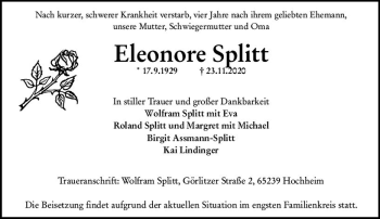 Traueranzeige von Eleonore Splitt von vrm-trauer
