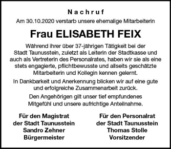 Traueranzeige von Elisabeth Feix von vrm-trauer