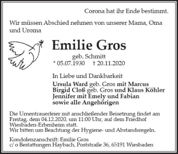 Traueranzeige von Emilie Gros von vrm-trauer
