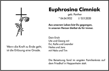 Traueranzeige von Euphrosina Cimniak von vrm-trauer