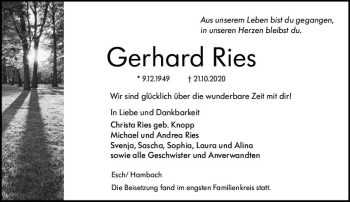 Traueranzeige von Gerhard Ries von vrm-trauer