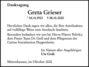 Traueranzeige von Greta Grieser von vrm-trauer