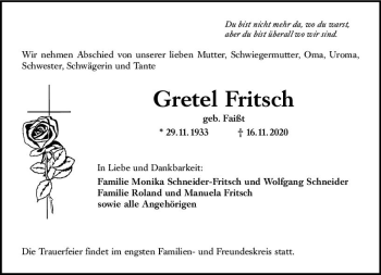 Traueranzeige von Gretel Fritsch von vrm-trauer